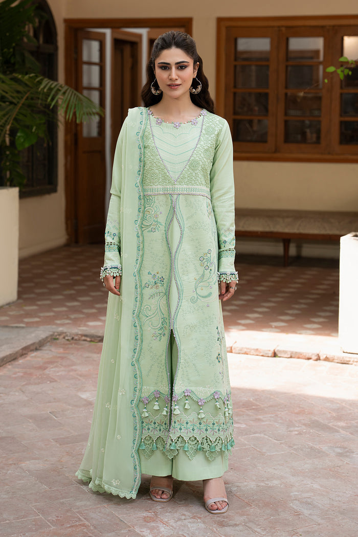 NAQSHI Tasveeb mint green embroidered lawn 3-piece outfit with long shirt, flared cambric culottes and crinkle dupatta from Seran Casual Lawn Capsule