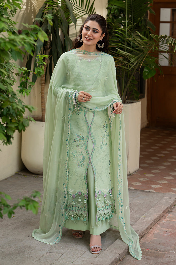 Full-length front view of NAQSHI Tasveeb mint green casual pret outfit featuring floral embroidery, flared culottes and embroidered dupatta