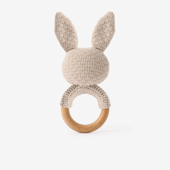 Taupe Knit Cotton Bunny Ring Rattle