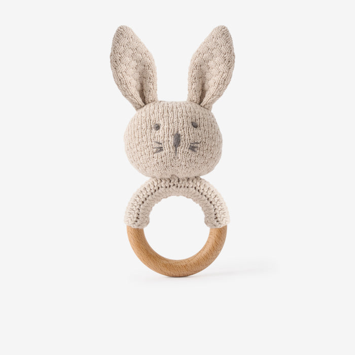 Taupe Textured Knit Blanket + Bunny Ring Rattle Gift Set