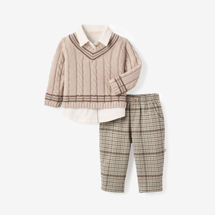 Taupe Varsity Sweater + Plaid Pants Set