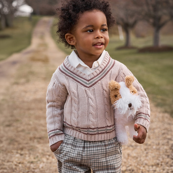 Taupe Varsity Sweater + Plaid Pants Set