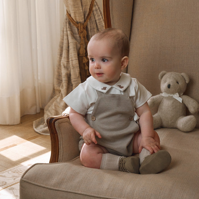 Teddy Bear Embroidered Houndstooth Overall Bubble