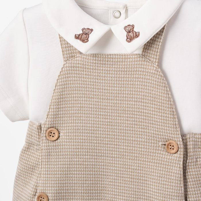 Teddy Bear Embroidered Houndstooth Overall Bubble