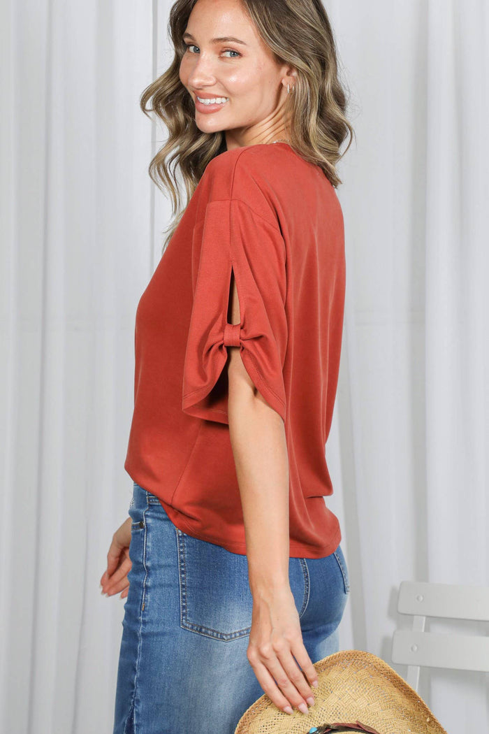 Tie Accent Sleeve Soft Casual T-Shirt Top