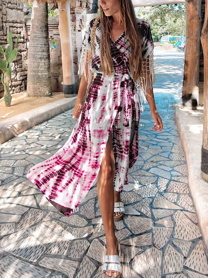 Tie-dyed V-neck High Waist Casual Dress