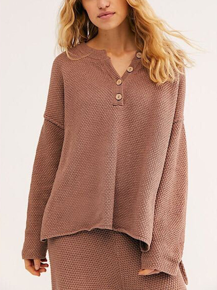 V-neck Button-shaped Solid Color Loose Suit