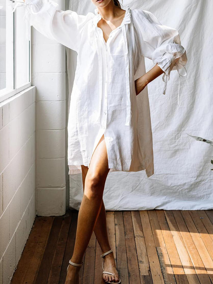 V-neck Button-style Solid Color Shirt Dress