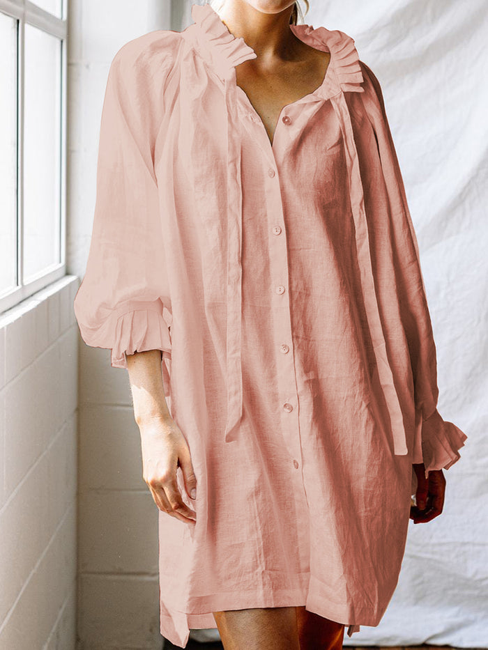 V-neck Button-style Solid Color Shirt Dress