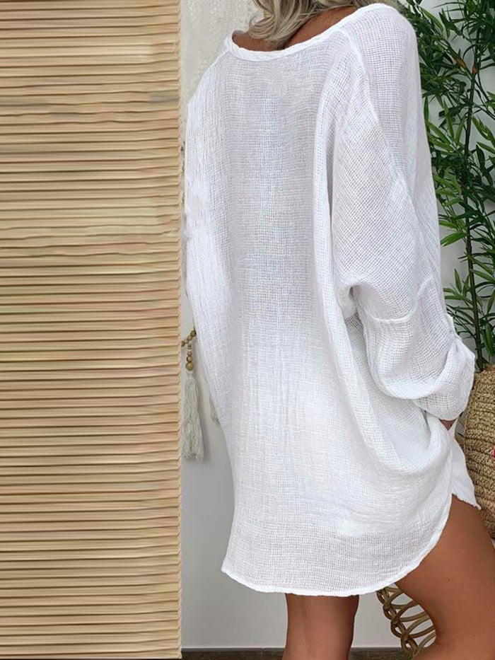 V-neck Hollow Cotton and Linen Loose Top Shorts Two-piece