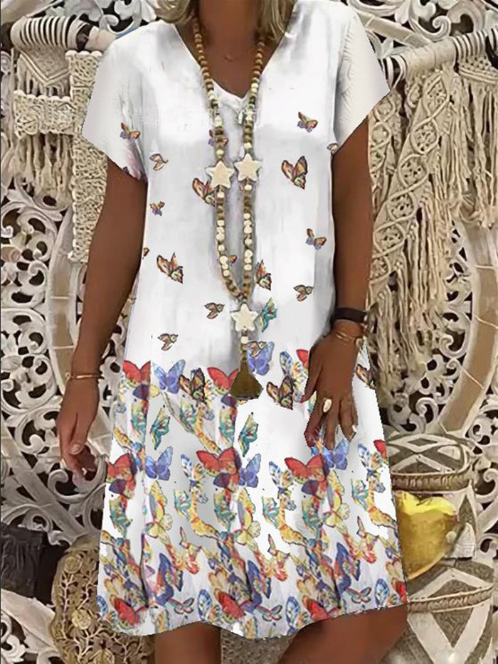 V-Neck Mid-Length Dress Daily Butterfly Print Dress