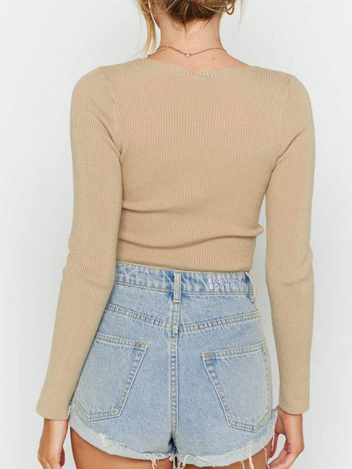 V-neck Pleated Solid Long-sleeved T-shirt