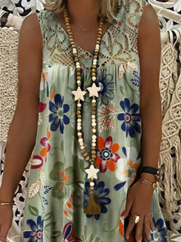 V-neck Sleeveless Printed Midi Dress