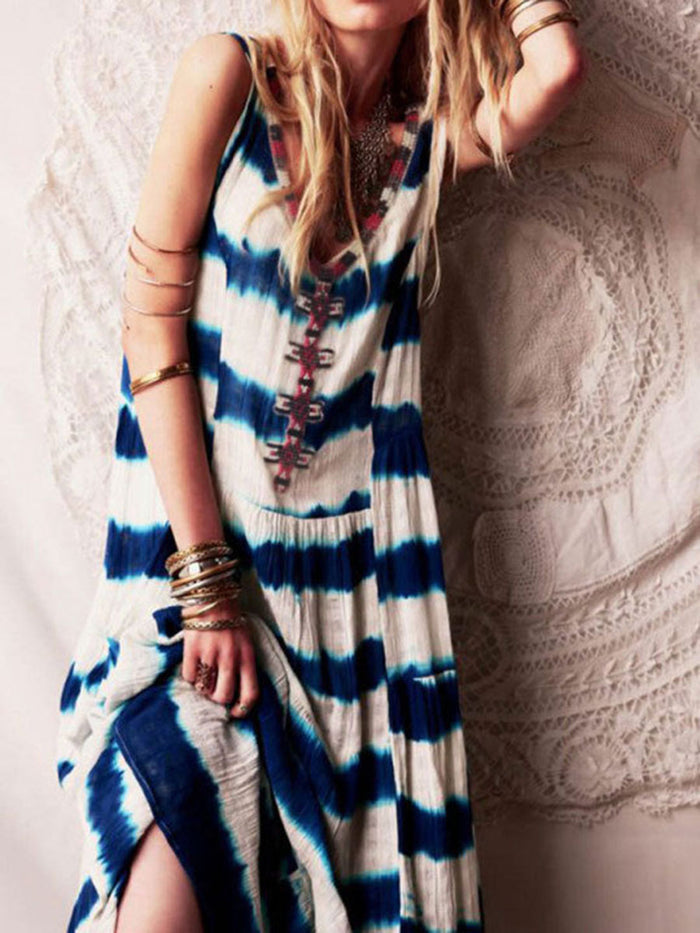 V-neck Sleeveless Tie-dye Casual Maxi Dress