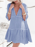 V-Neck Solid Color Cotton and Linen Dress