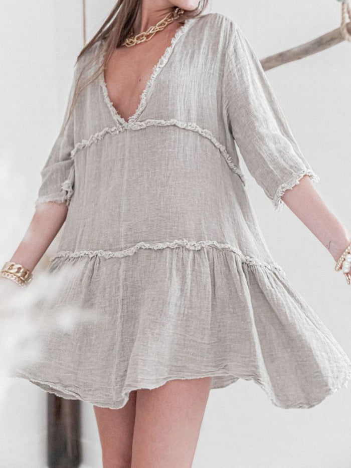V-Neck Solid Color Cotton and Linen Dress
