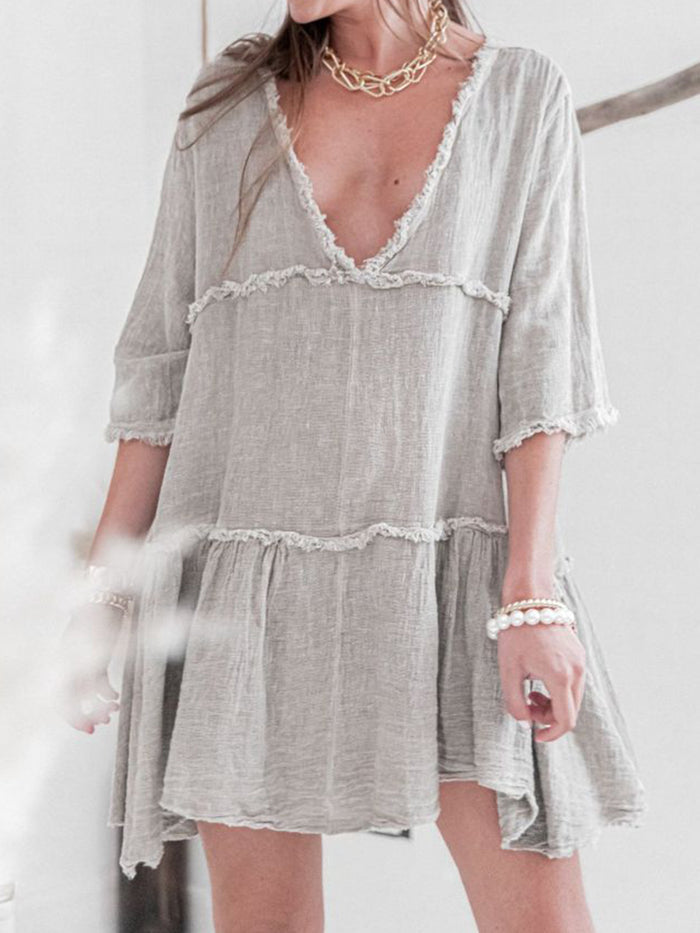 V-Neck Solid Color Cotton and Linen Dress