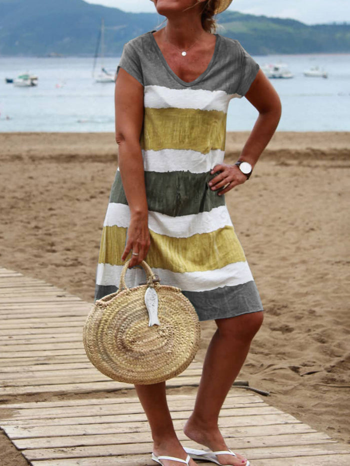 V-Neck Striped Contrast Dress