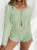 V-neck Zipper Knit Solid Color Suit