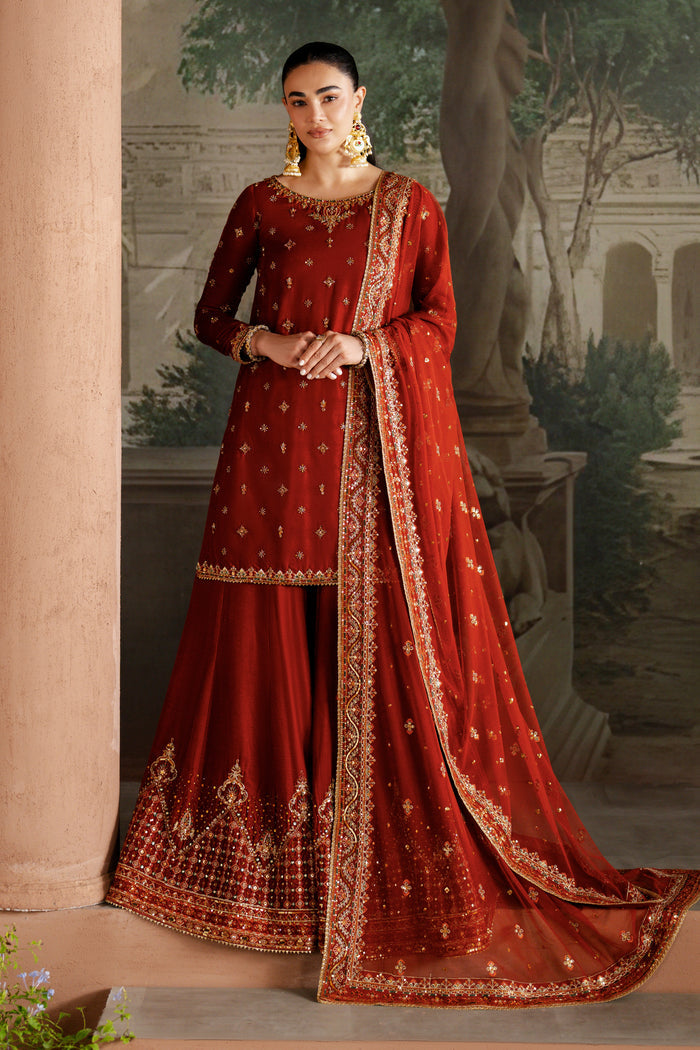 NAQSHI Vaneeza rust velvet 3-piece ready-to-wear sharara set with embroidered neckline, embellished borders and matching net dupatta for formal and festive occasions