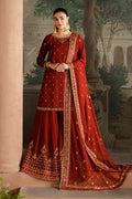 NAQSHI Vaneeza rust velvet 3-piece ready-to-wear sharara set with embroidered neckline, embellished borders and matching net dupatta for formal and festive occasions