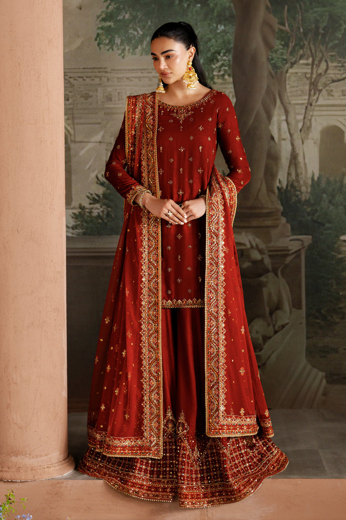 Front view of Vaneeza rust velvet sharara set from NAQSHI with embellished borders and net dupatta — elegant ready-to-wear outfit for celebrations