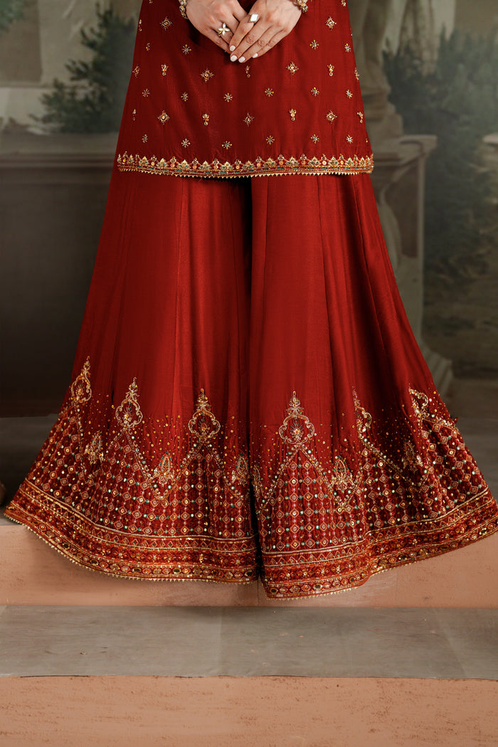 Close-up of NAQSHI Vaneeza rust velvet sharara embroidery and ornate border work — detailed look at festive and formal design elements