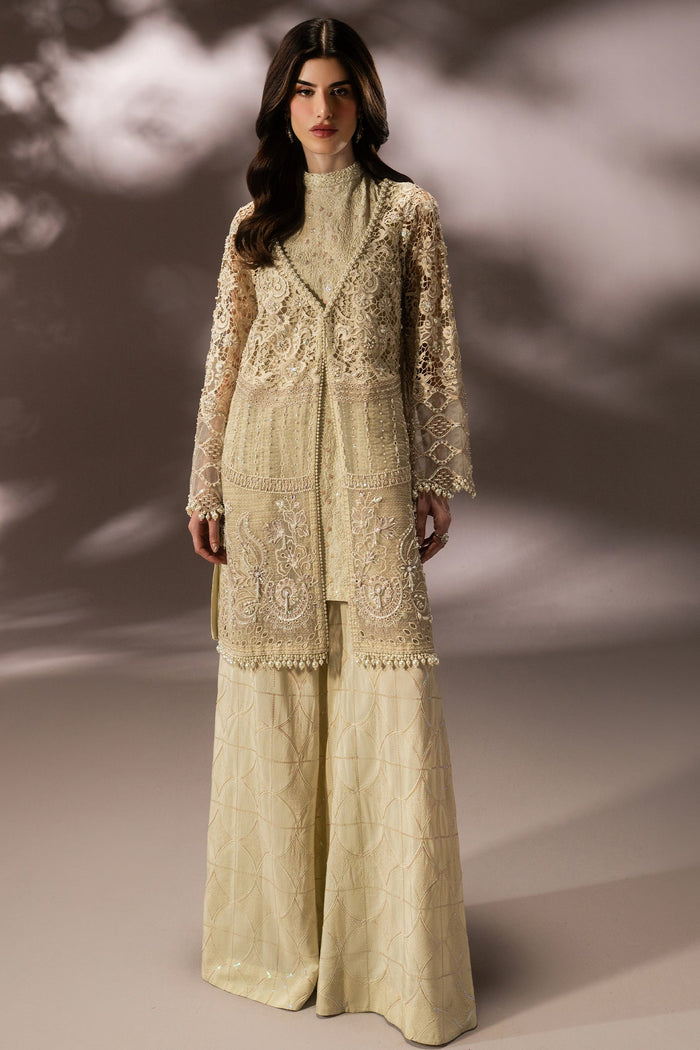 Varena off-white 3-piece evening wear with embroidered Organza shirt, PK Raw Silk inner and wide flare pants in a full front view.