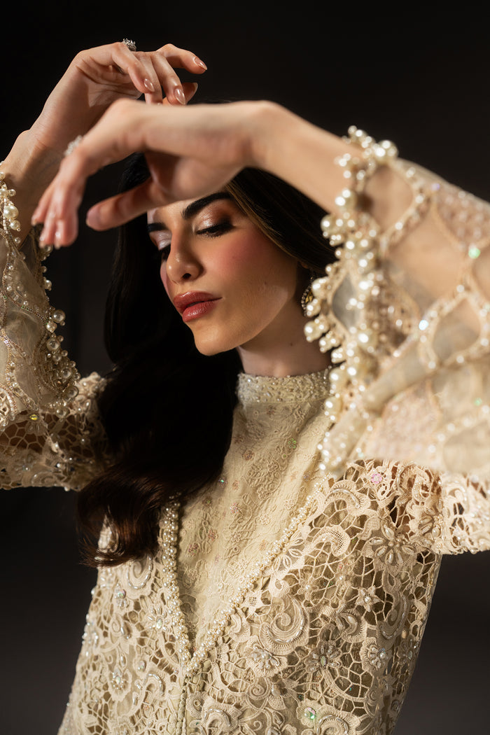 Close-up of Varena showing embroidered Organza, sequin and threadwork details with decorative pearl edging on the sleeve.