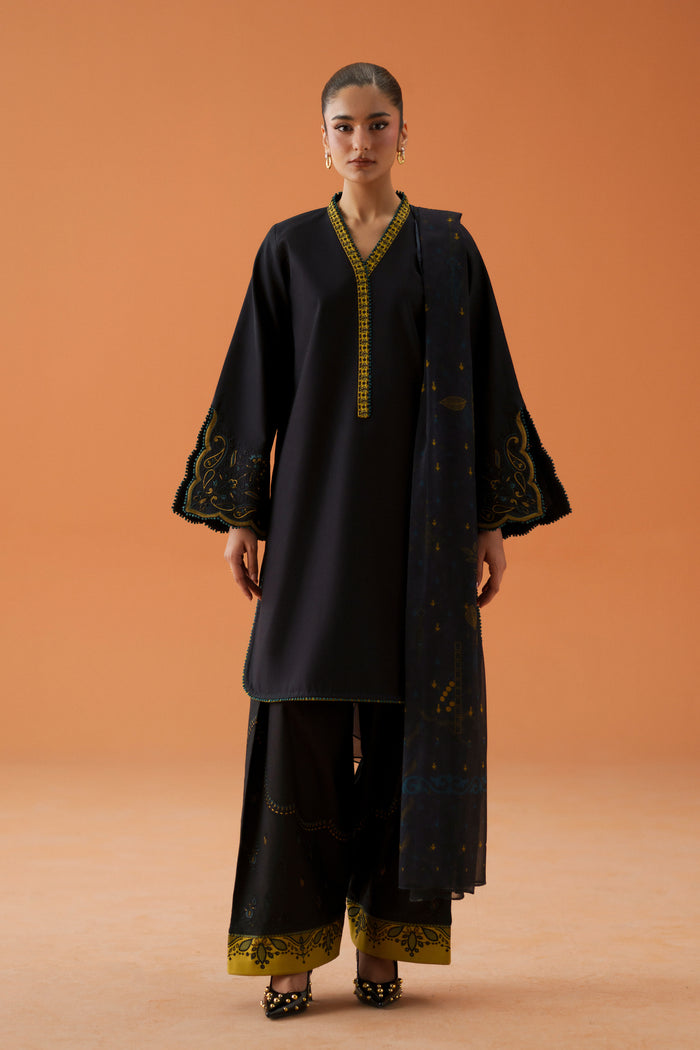 Vera black 3-piece ready-to-wear outfit with embroidered lawn shirt, cambric shalwar, and printed crinkle chiffon dupatta.