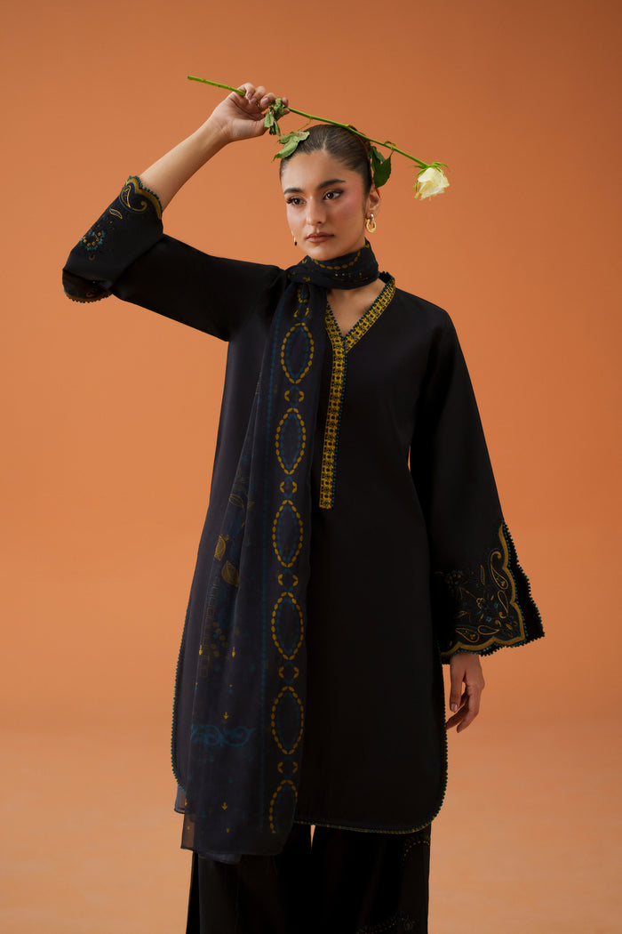 Close-up of Vera black embroidered shirt showing contrast neckline detail, loose sleeves, and elegant ready-to-wear casual pret styling.