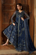 Viella blue Crinkle evening maxi front view with fitted bodice, embroidered panels and wide flare.