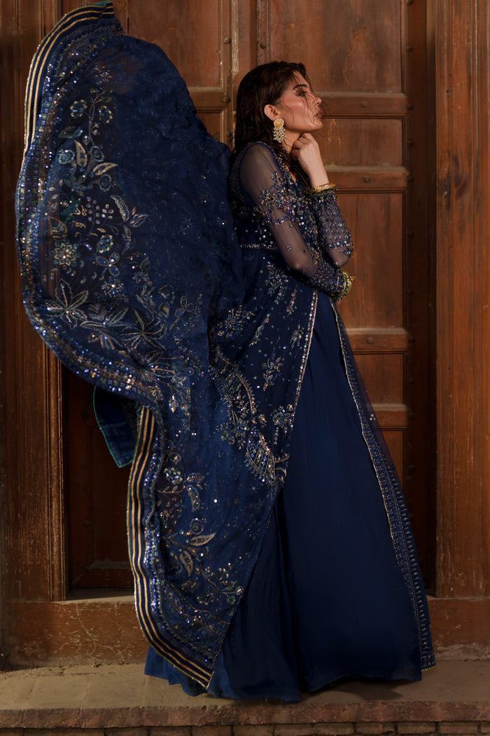 Viella blue evening outfit styled with embroidered Net dupatta over the Crinkle maxi.
