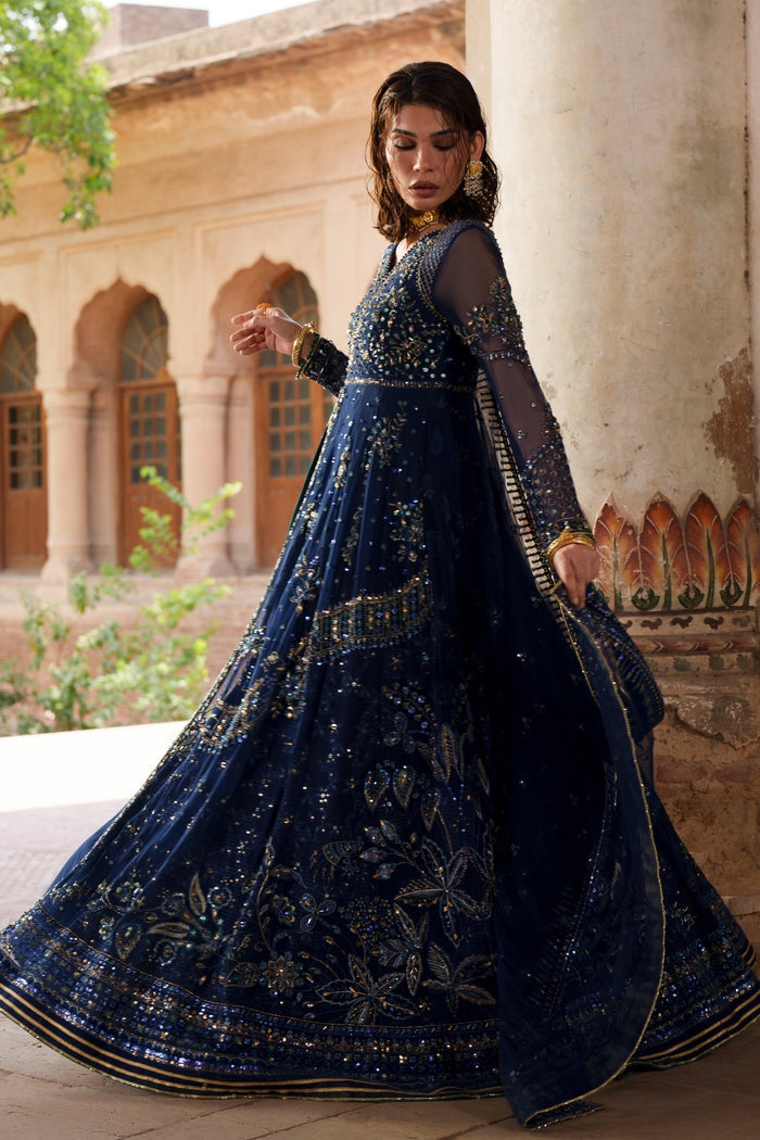 Viella blue Crinkle maxi side view showing flowing ten-panel flare and detailed hem border.