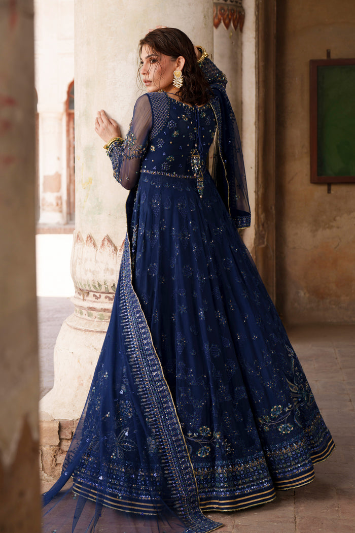 Viella blue evening maxi full-length side pose with long fitted sleeves and embroidered panels.