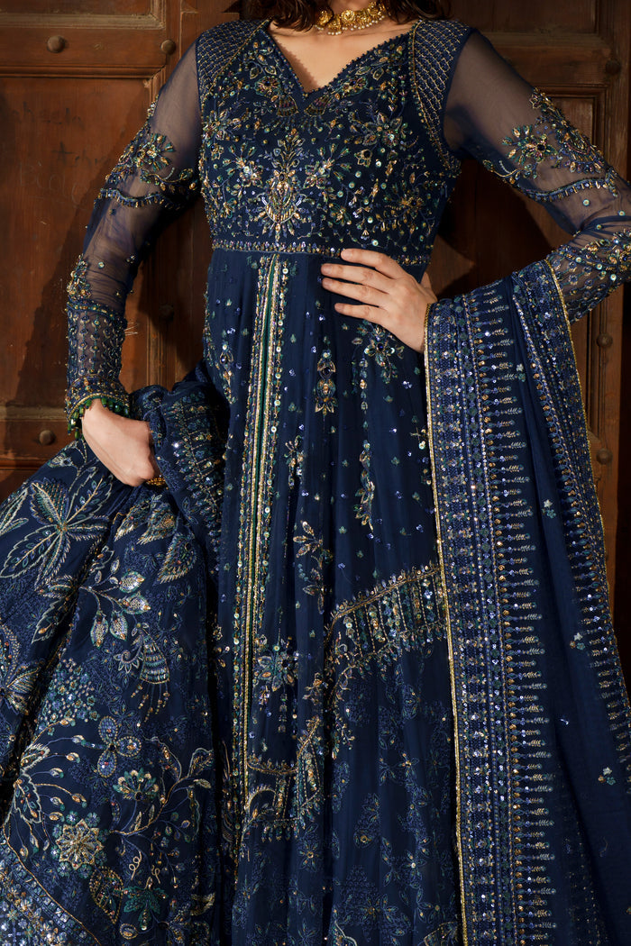 Viella blue formal maxi close-up showing fitted bodice, embroidery, sequins and golden work.