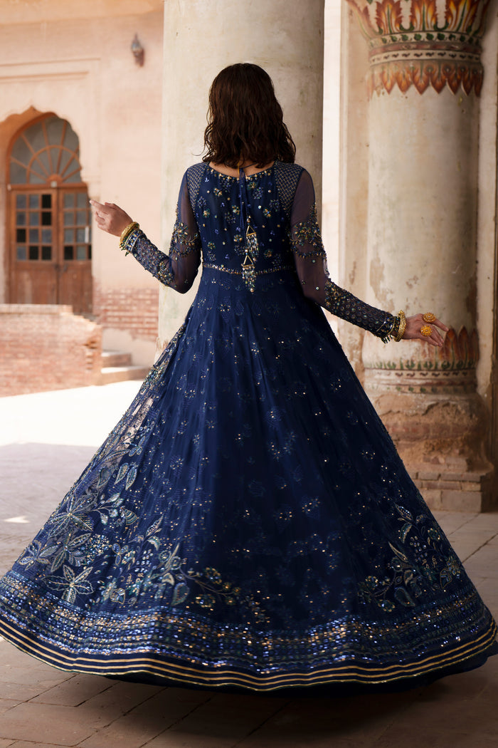 Viella blue Crinkle maxi back view highlighting wide embroidered flare and long fitted sleeves.
