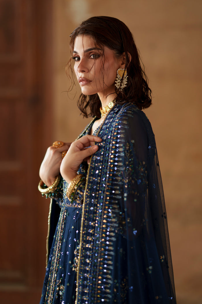 Viella blue evening maxi portrait showing embroidered neckline, bodice and fitted sleeves.