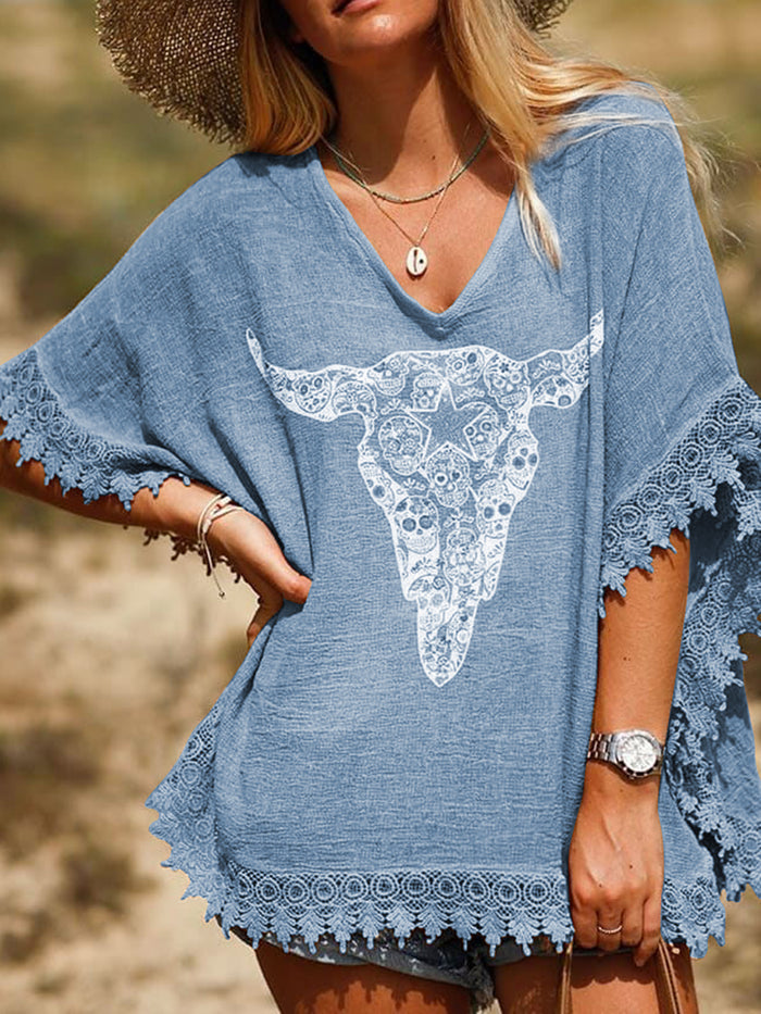 Vintage Casual Loose Lace V-Neck Top