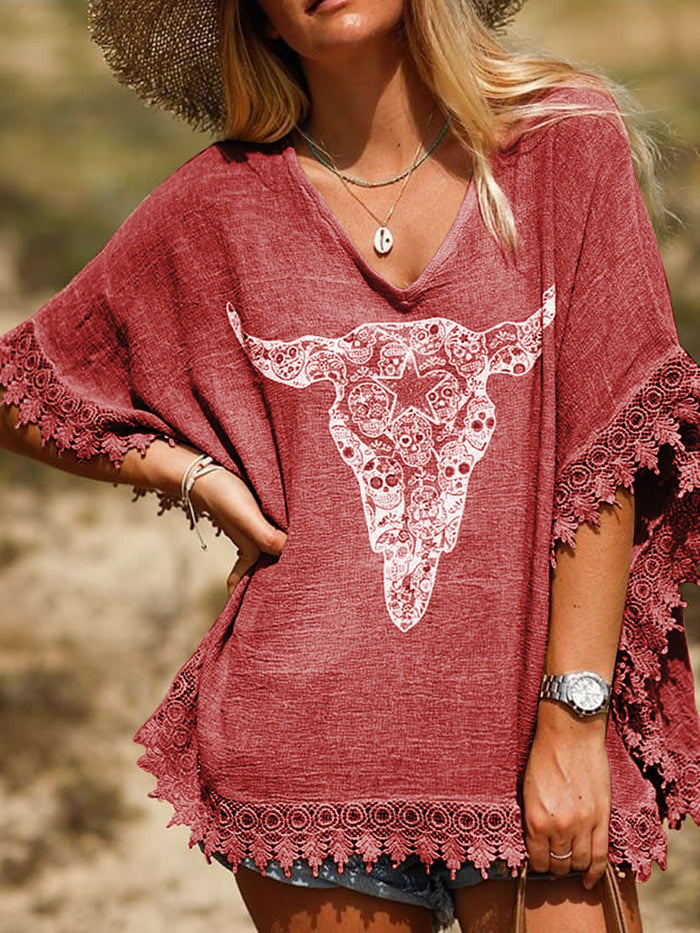 Vintage Casual Loose Lace V-Neck Top
