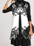 Warm Ceramic Pattern Loose Long Sleeve Casual Dress