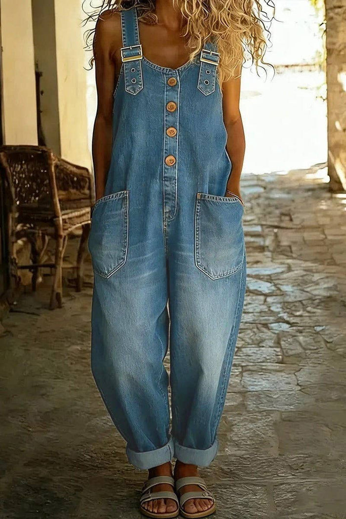 Washed Denim Overalls Adjustable Strap Relaxed Fit