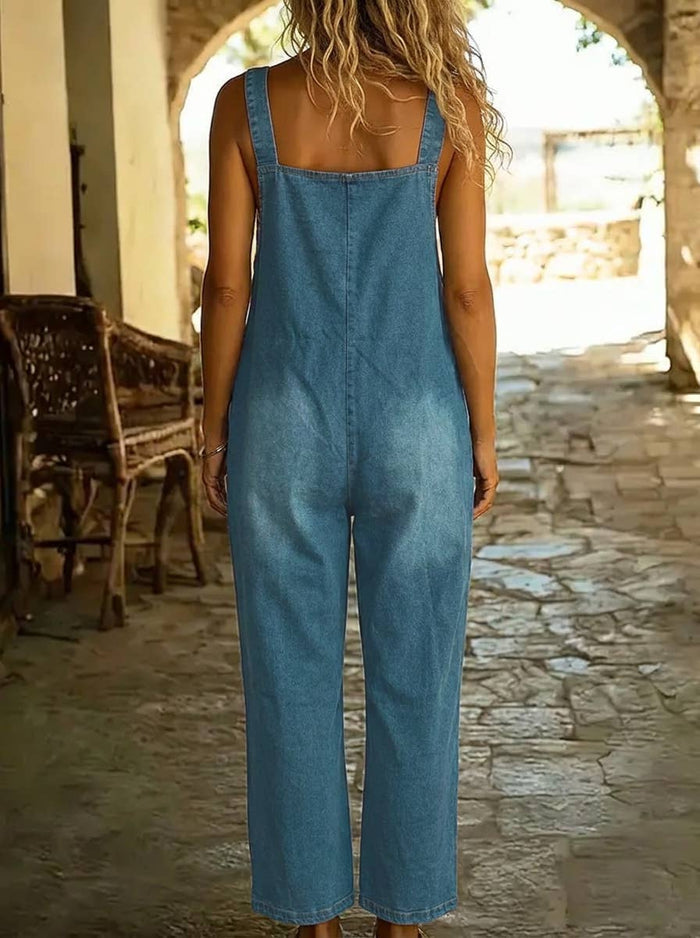 Washed Denim Overalls Adjustable Strap Relaxed Fit