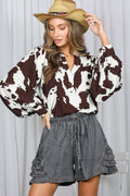 Western-Inspired V-Neck Cow Print Shirt Top
