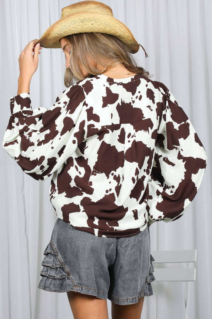 Western-Inspired V-Neck Cow Print Shirt Top