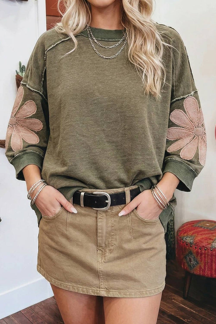 Western Mineral Wash Raw Seam Patchwork 3/4 Sleeve Top