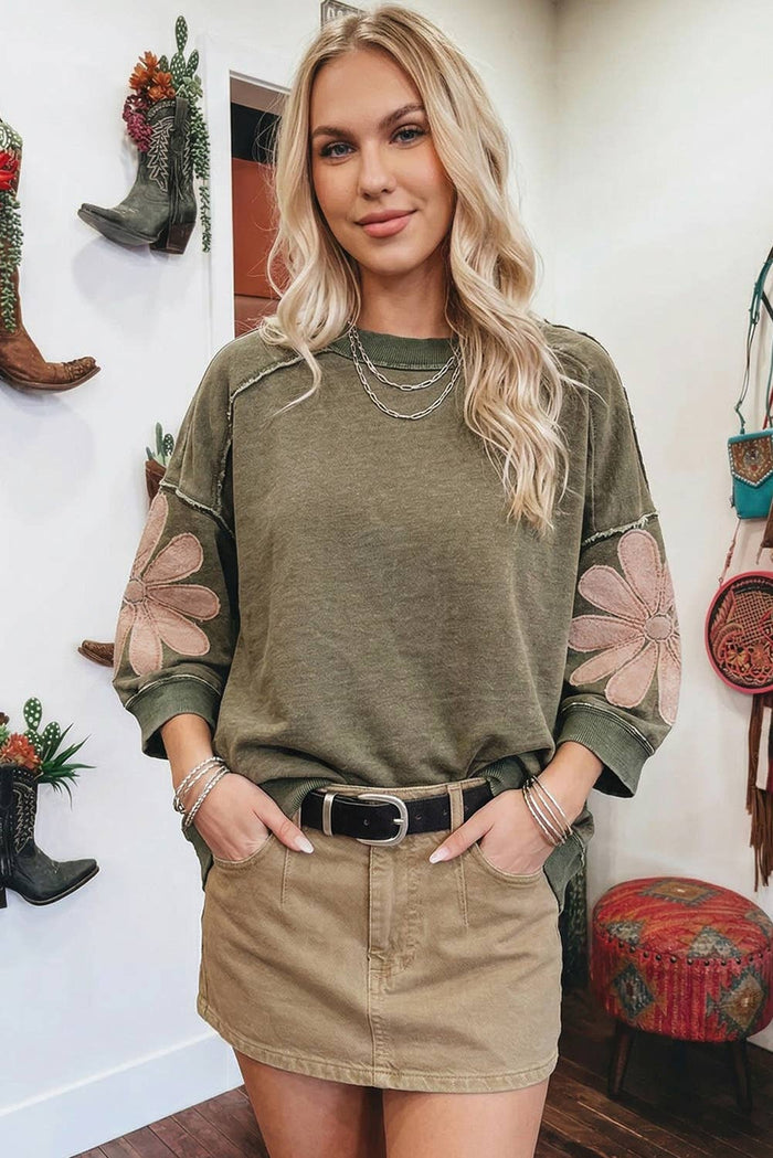 Western Mineral Wash Raw Seam Patchwork 3/4 Sleeve Top