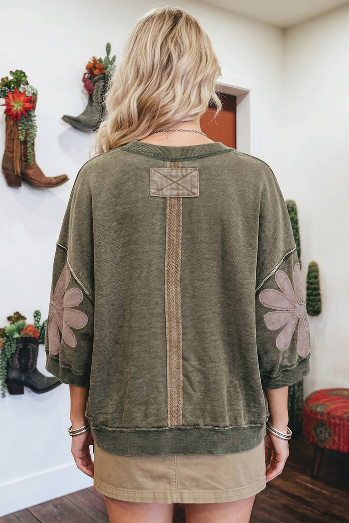 Western Mineral Wash Raw Seam Patchwork 3/4 Sleeve Top