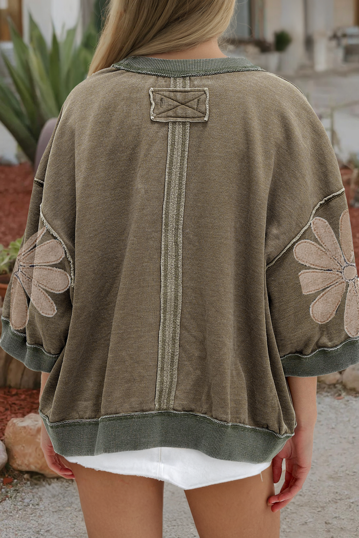 Western Mineral Wash Raw Seam Patchwork 3/4 Sleeve Top