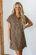 Westren Buttoned Shift Leopard Dress with Pockets (S-XL)